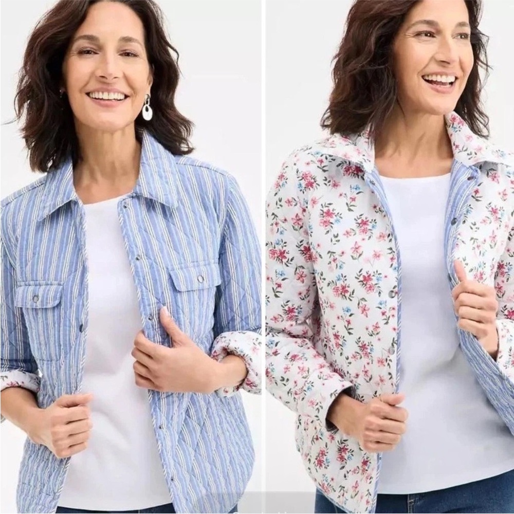 Style & Co. Reversible Button-Down Jacket in Blue Stripe and White Floral